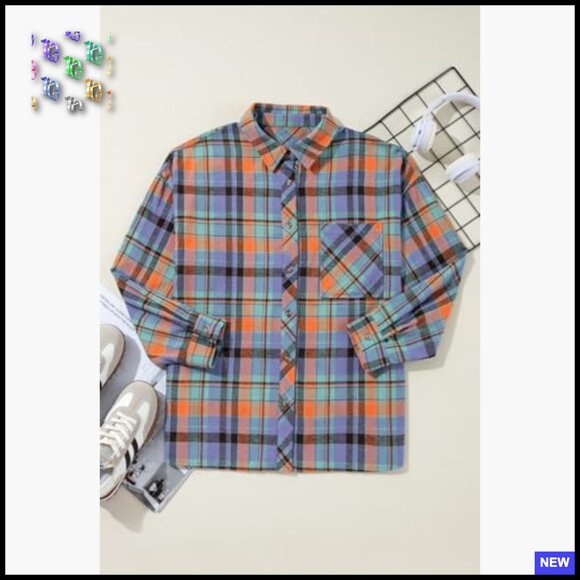 Loose Fit Boyfriend Flannel Shirt Classic Plaid Button Down Blouse Top - Picture 3 of 7